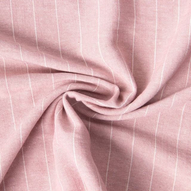 Tissu Polyviscose Lin lavé Clémence fines rayures Blanc sur fond Rose poudré
