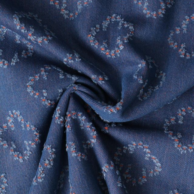 Tissu Jacquard Indigo Floréal Orange sur fond Bleu denim