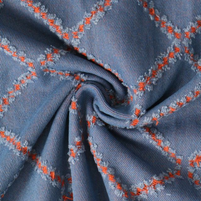 Tissu Jacquard Réseau Indigo Orange sur fond Bleu denim