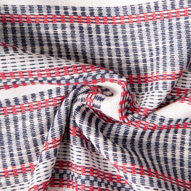 Tissu Jacquard Polycoton lurex Neela rayures Bleu et Rouge sur fond Blanc cassé