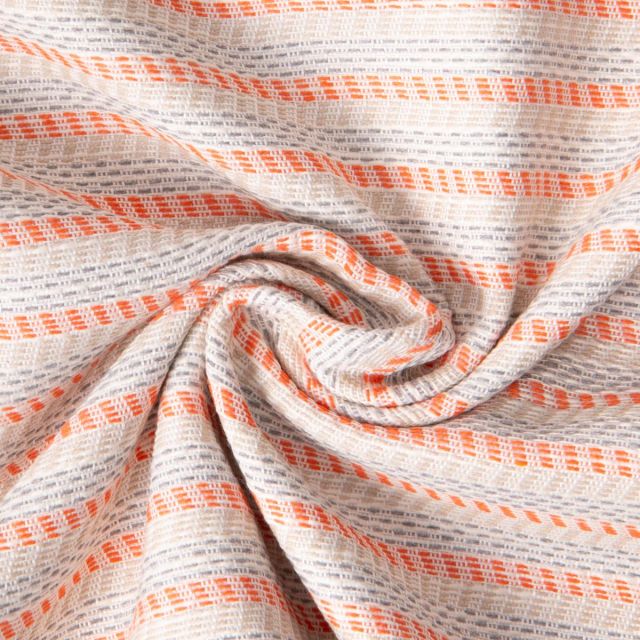 Tissu Jacquard Polycoton lurex Neela rayures Orange et Grise sur fond Saumon