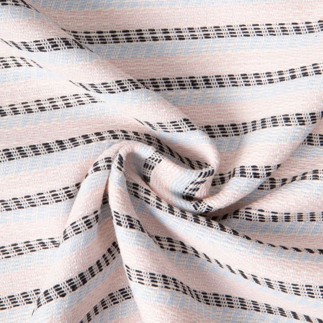 Tissu Jacquard Polycoton lurex Neela rayures Bleu et Noir sur fond Rose pastel