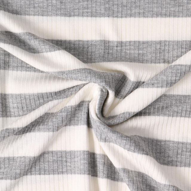 Tissu Jersey Viscose cotêlé Oréane rayures Grises sur fond Blanc