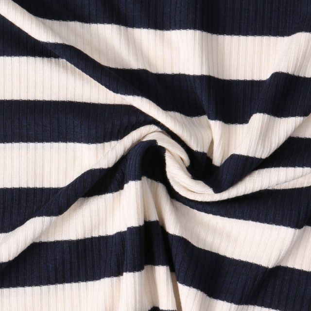 Tissu Jersey Viscose cotêlé Oréane rayures Bleu marine sur fond Blanc