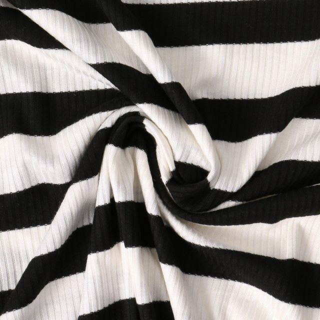 Tissu Jersey Viscose cotêlé Oréane rayures Noires sur fond Blanc