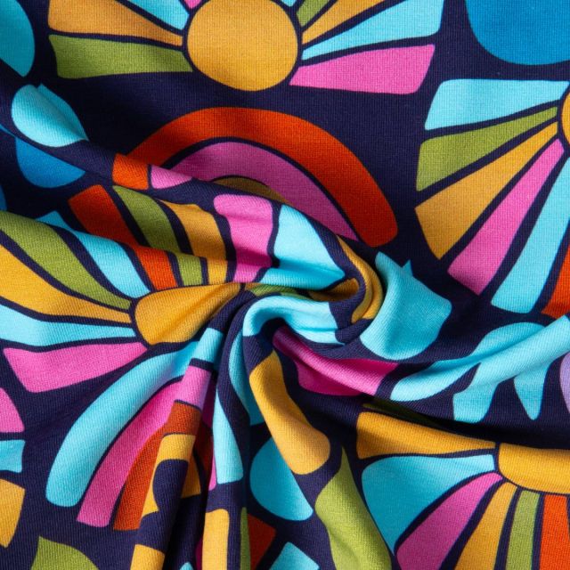 Tissu Jersey Coton imprimé Sunny Pop sur fond Bleu marine