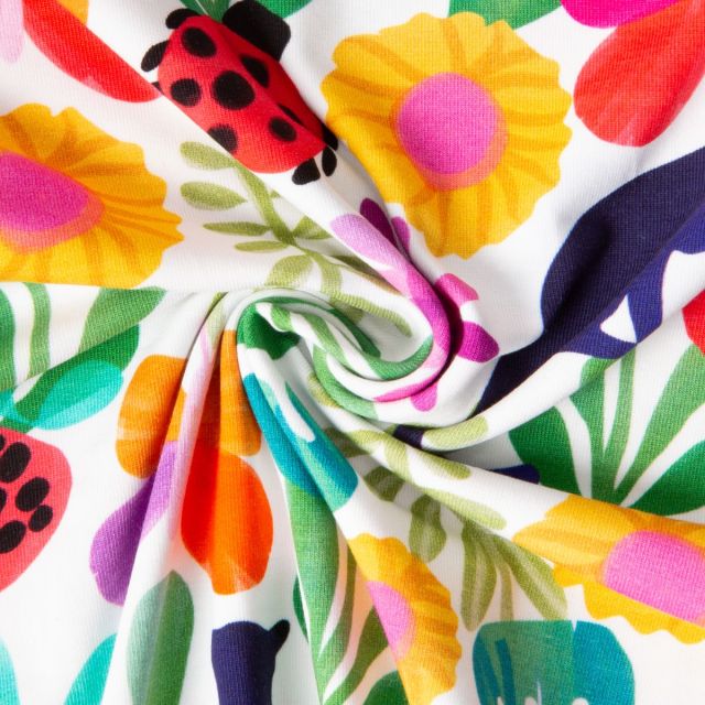 Tissu Jersey Coton imprimé Karina fleurs et les animaux sur fond Blanc