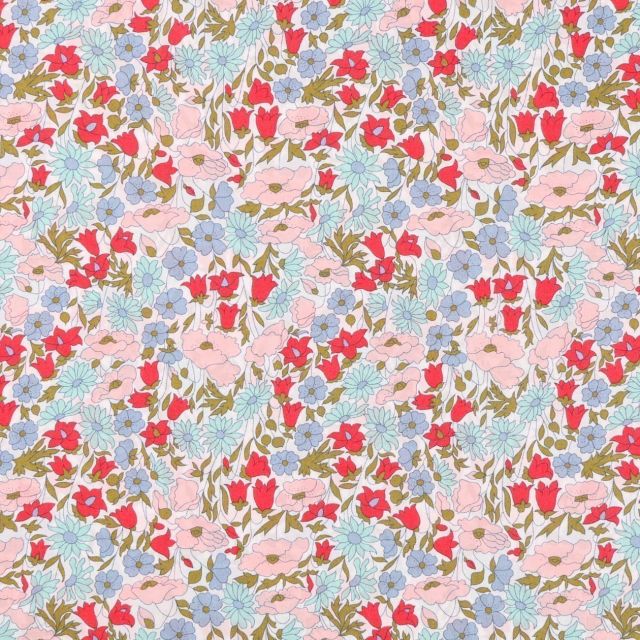 Tissu Liberty of London Poppy Daisy Bleu, rouge et rose - Par 10 cm