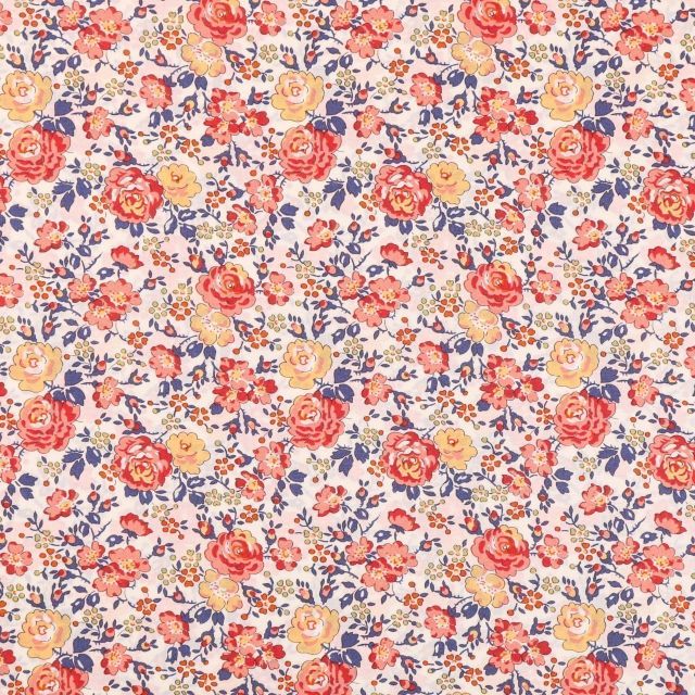Tissu Liberty of London New Felicite Corail, jaune et bleu indigo - Par 10 cm