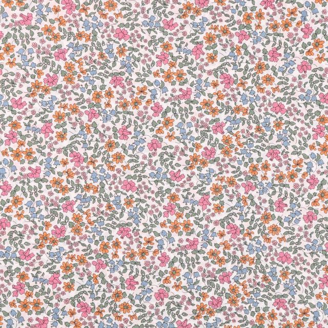 Tissu Liberty of London Emilia's Bloom Vert, orange, rose et bleu-gris - Par 10 cm