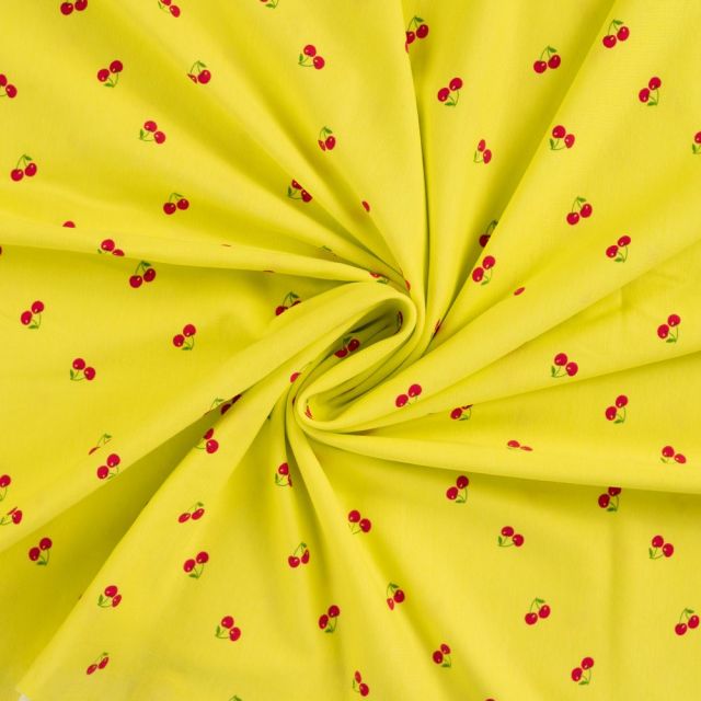 Tissu Jersey Coton imprimé Cerises rouges sur fond Jaune