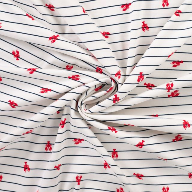 Tissu Jersey Coton imprimé Tom homards sur marinière sur fond Blanc
