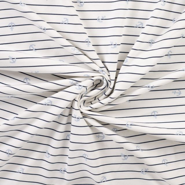 Tissu Jersey Coton imprimé Malo fine marinière sur fond Blanc cassé