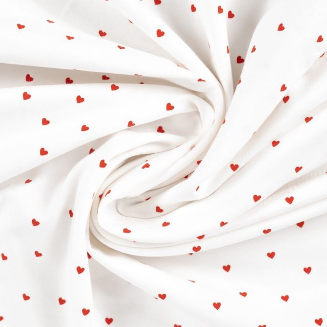 Coupon Tissu Jersey Coton Rosalie Petits coeurs framboise sur fond Blanc cassé - Coupon de 20 cm