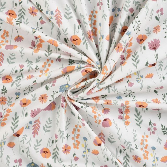 Tissus Jersey Coton imprimé Fleurs Louise sur fond Blanc cassé