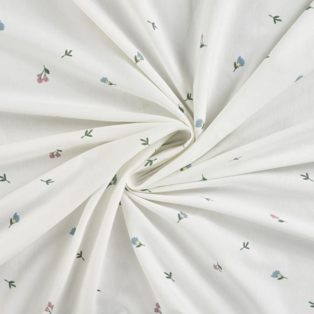 Tissus Jersey Coton imprimé Fleurs Lilou sur fond Blanc cassé