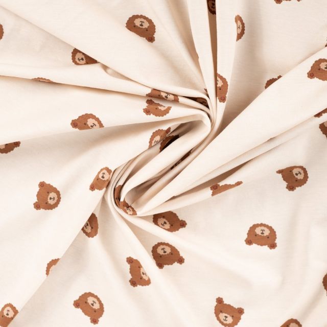 Tissu Jersey Coton imprimé Milan têtes oursons sur fond Beige