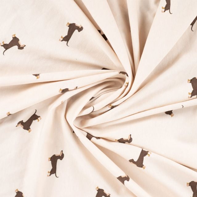 Tissu Jersey Coton imprimé Teckel sur fond Beige clair
