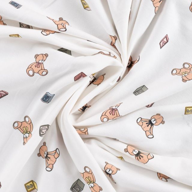 Tissu Jersey Coton imprimé Cubes et petits oursons sur fond Blanc cassé