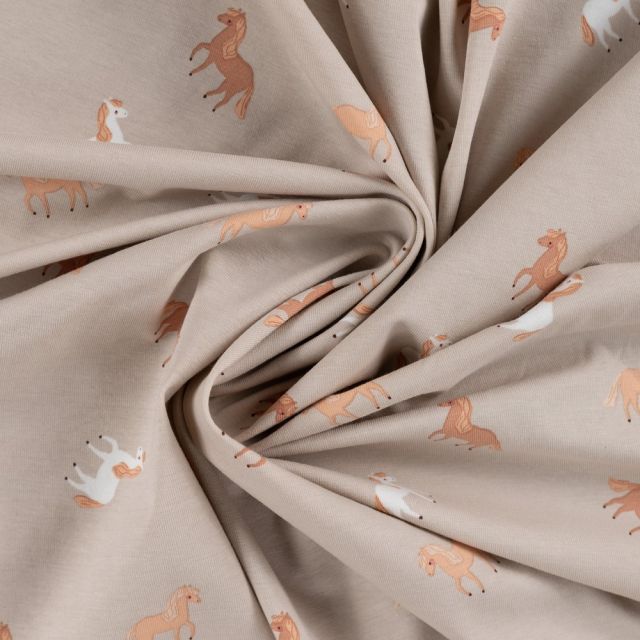 Tissu Jersey Coton imprimé Sacha petits chevaux sur fond Beige