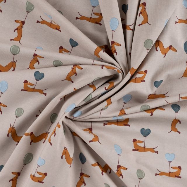 Tissu Jersey Coton imprimé Malo chiens volants sur fond Beige