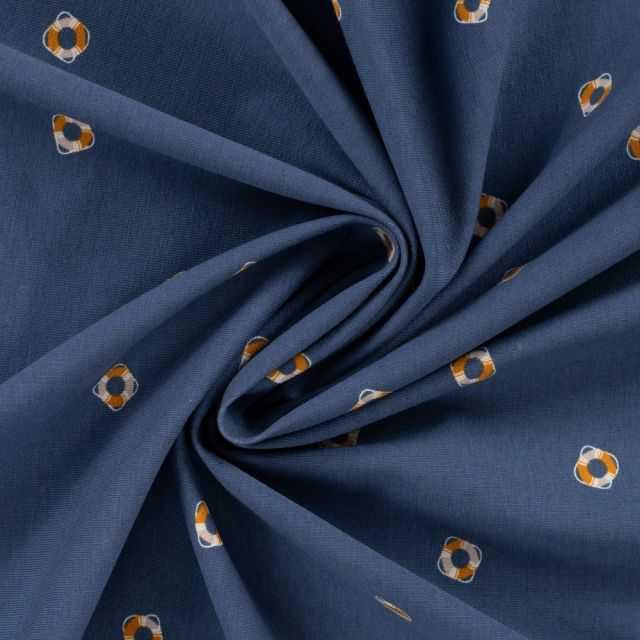 Tissu Jersey Coton imprimé Oscar bouées flottantes sur fond Bleu marine