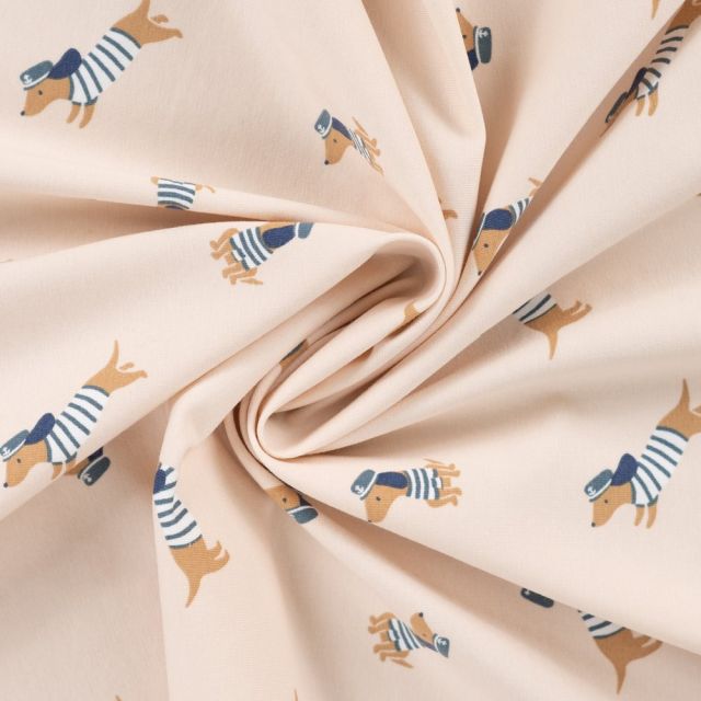 Tissu Jersey Coton imprimé Jules petits chiens sur fond Beige