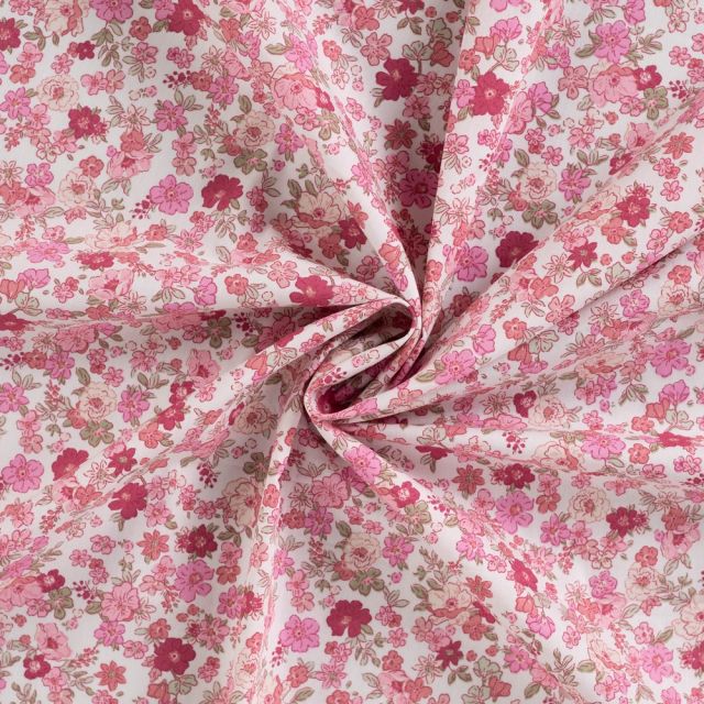 Tissu Coton imprimé Fleuris Léa rose sur fond Blanc