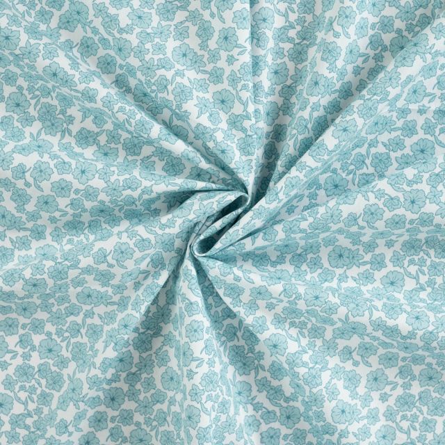 Tissu Coton imprimé Fleurs Mia bleues sur fond Blanc