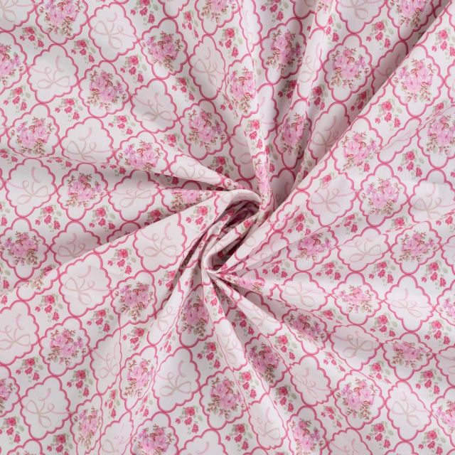 Tissu Coton imprimé Fleuris indien rose sur fond Blanc