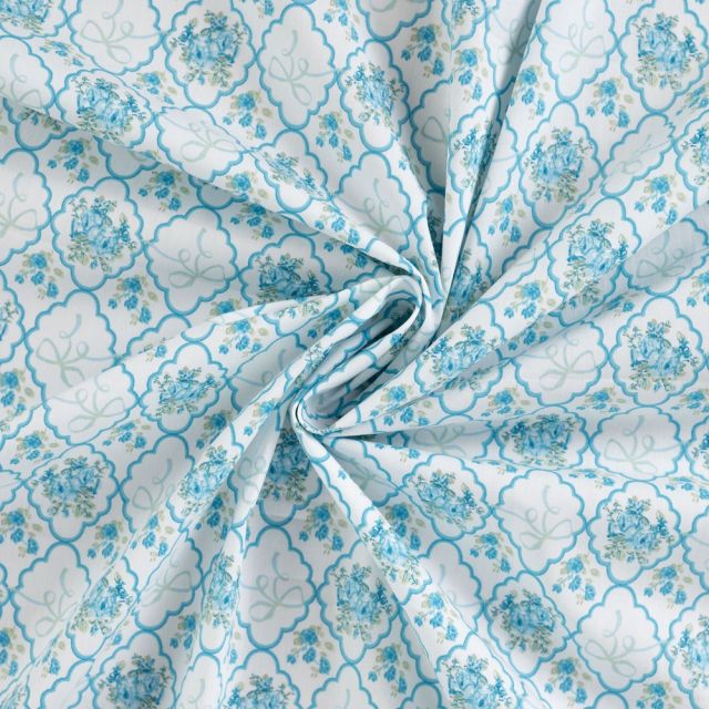 Tissu Coton imprimé Fleuris indien bleu sur fond Blanc