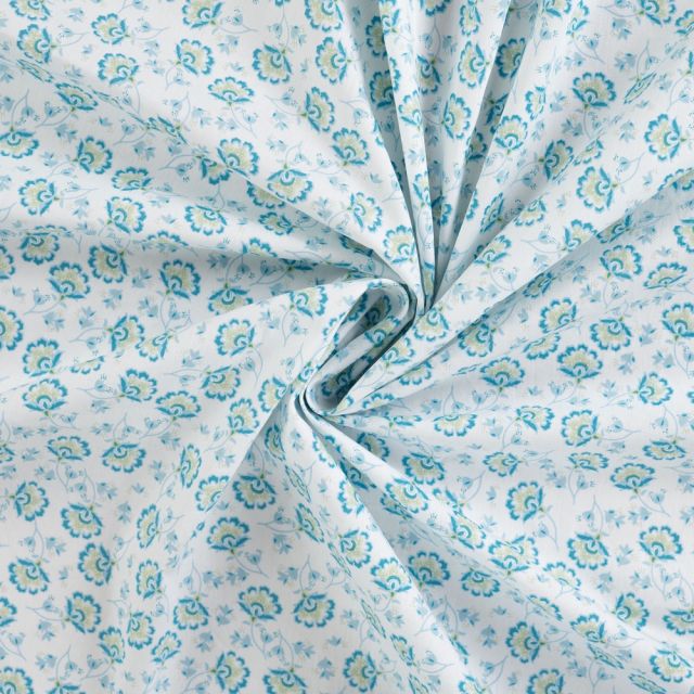 Tissu Coton imprimé Fleurs indiennes bleues sur fond Blanc