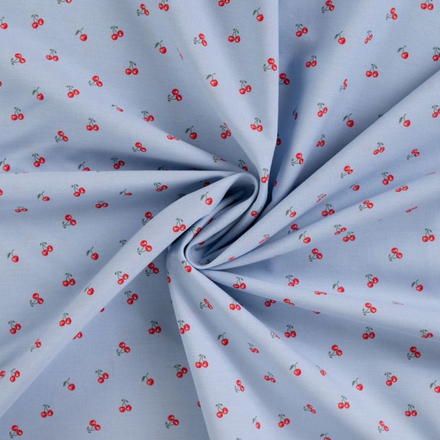 Tissu Coton imprimé Cerises rouges sur fond Bleu