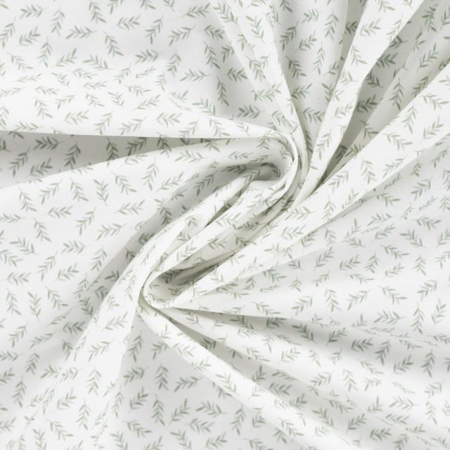 Tissu Popeline de Coton Bella rameaux Vert sur fond Blanc