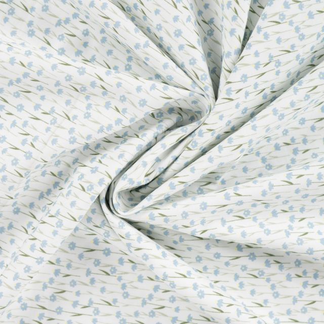 Tissu Popeline de Coton Arielle petites fleurs Bleu sur fond Blanc