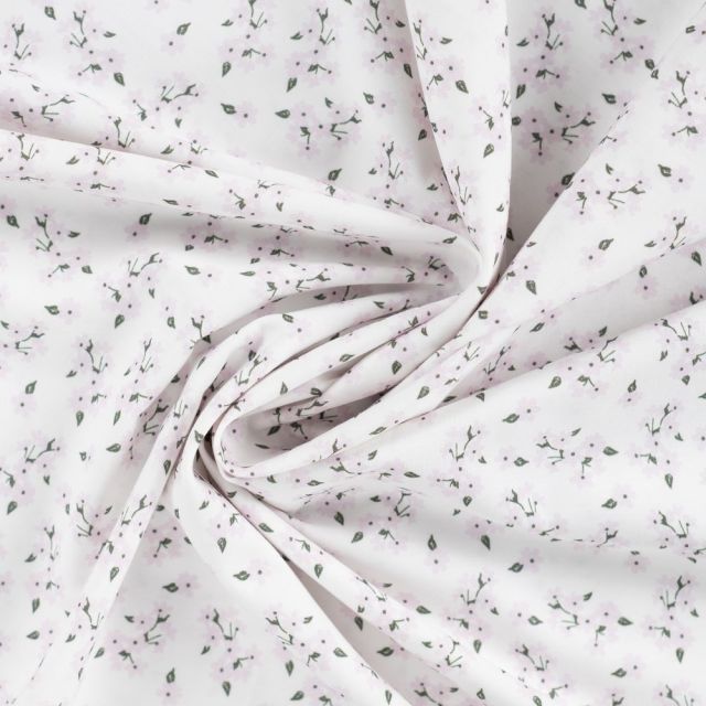 Tissu Popeline de Coton Charlotte petites fleurs Rose sur fond Blanc