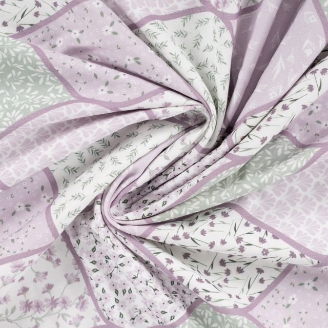 Tissu Popeline de Coton Camille patchwork végétal sur fond Lilas
