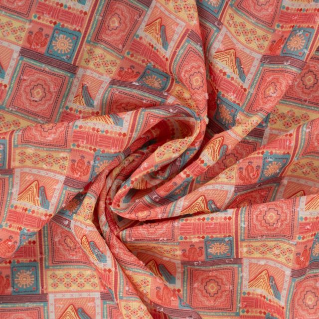 Tissu Voile de Coton Plumetis digital Lou patchwork Aztèque sur fond Corail
