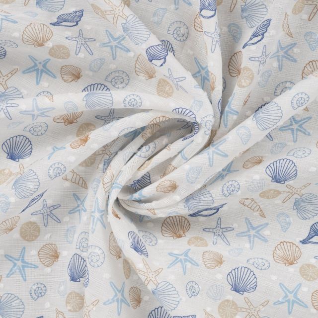Tissu Voile de Coton Plumetis digital Garance coquillages et crustacées sur fond Blanc