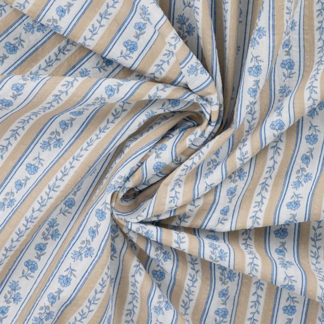 Tissu Seersucker Coton digital Rayures provençales Beige et Bleu sur fond Blanc