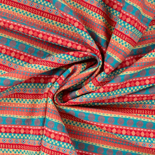 Tissu Seersucker Coton digital ethnique géométrique à rayures sur fond Multicolore