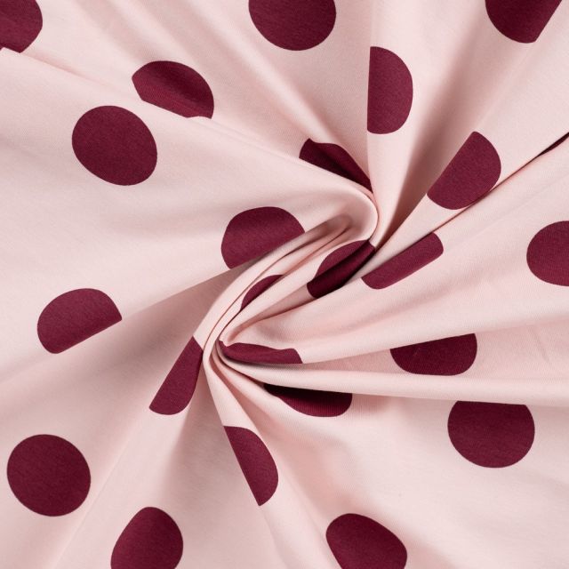 Tissu Sweat léger envers gratté pois Bordeaux sur fond Rose pâle