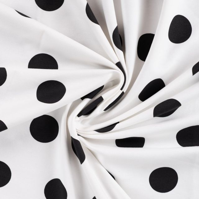 Tissu Sweat léger envers gratté pois Noir sur fond Blanc