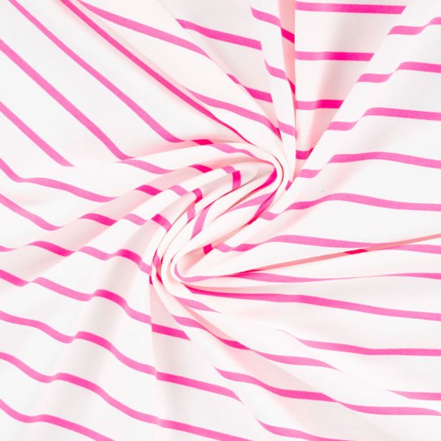 Tissu Sweat léger envers gratté rayé Rose fluo sur fond Blanc