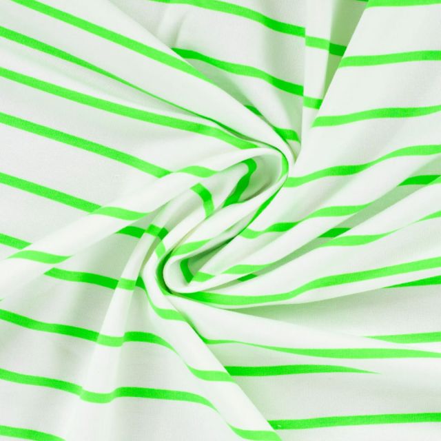 Tissu Sweat léger envers gratté rayé Vert fluo sur fond Blanc