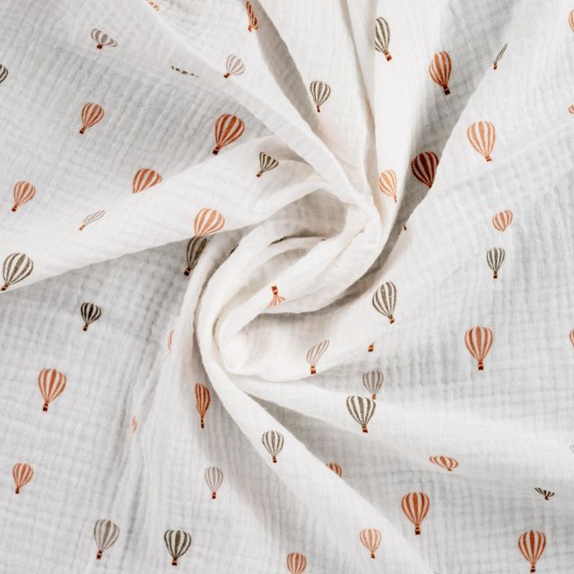 Tissu Double gaze de Coton Montgolfières sur fond Blanc cassé