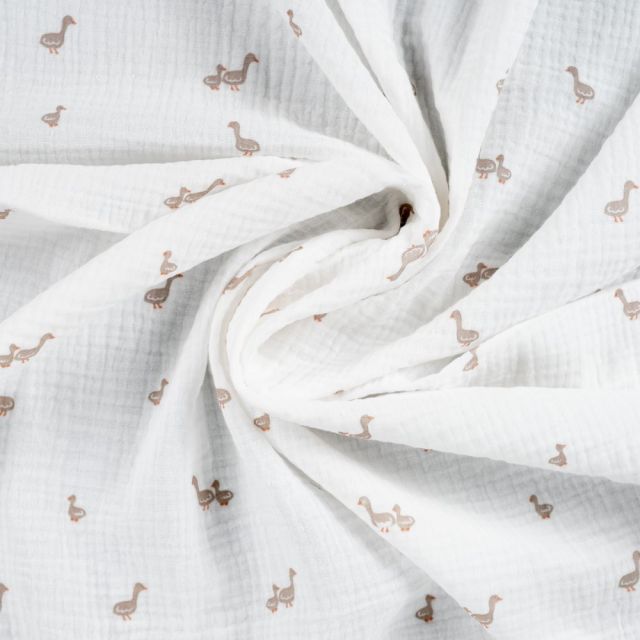Tissu Double gaze de Coton Canards sur fond Blanc cassé
