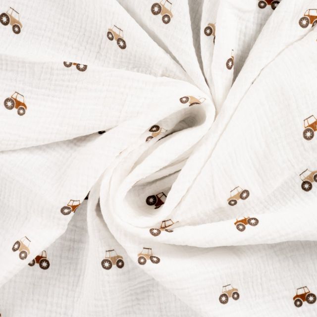 Tissu Double gaze de Coton Tracteurs sur fond Blanc cassé