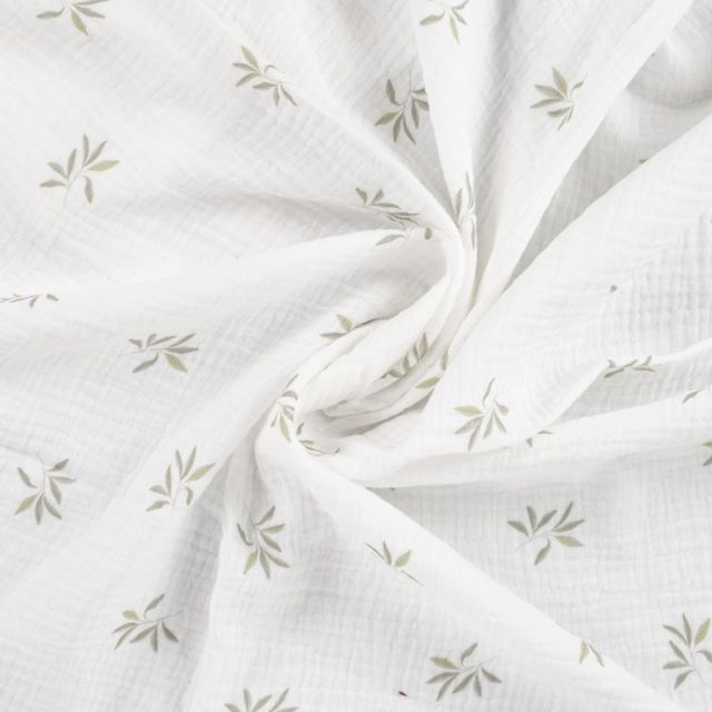 Tissu Double gaze de Coton Feuillages sur fond Blanc cassé