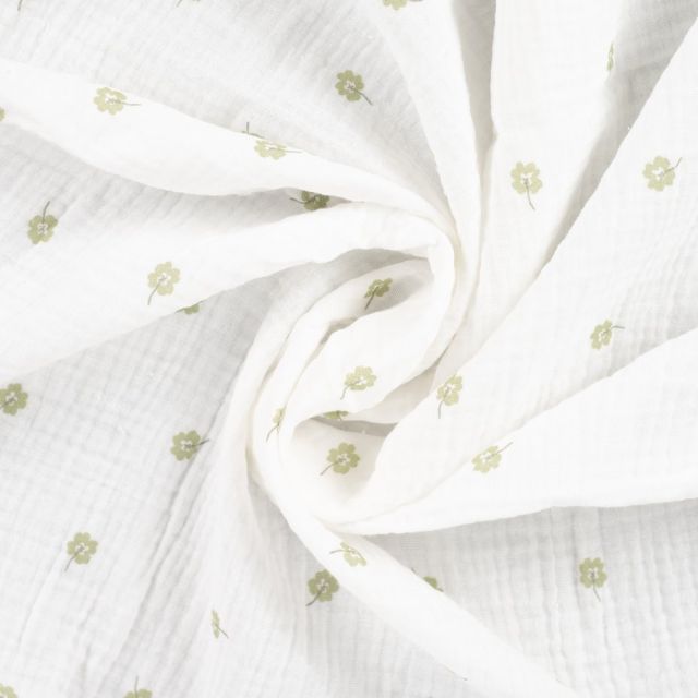 Tissu Double gaze de Coton Trèfle vert d'eau sur fond Blanc cassé